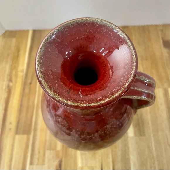 Hand Crafted Signed Pottery Pitcher Vase Red Glossy Glaze Curved Handle 11” Tall - Picture 4 of 8